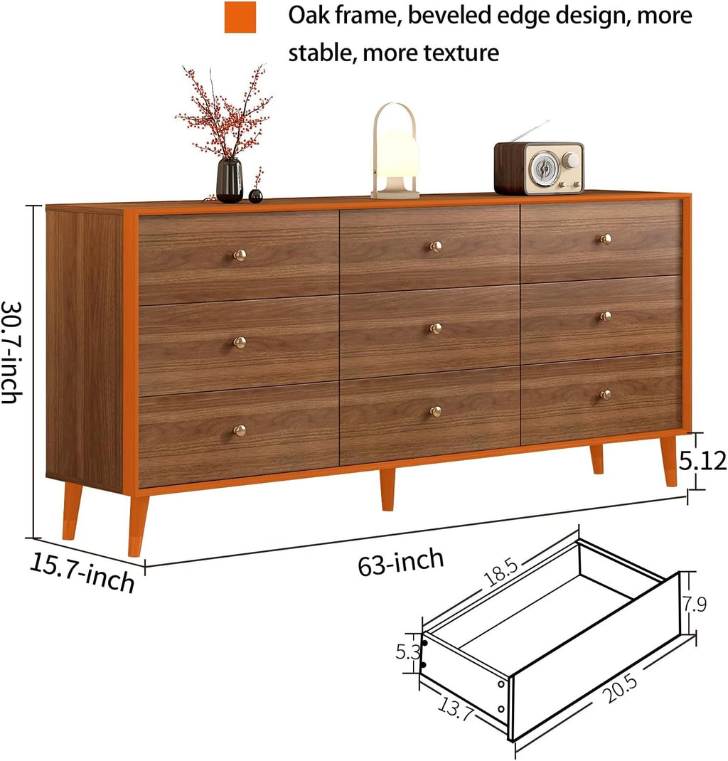 Mid-Century Modern 9-Drawer Dresser 63” | Walnut Solid Wood Storage Cabinet with Beveled Design