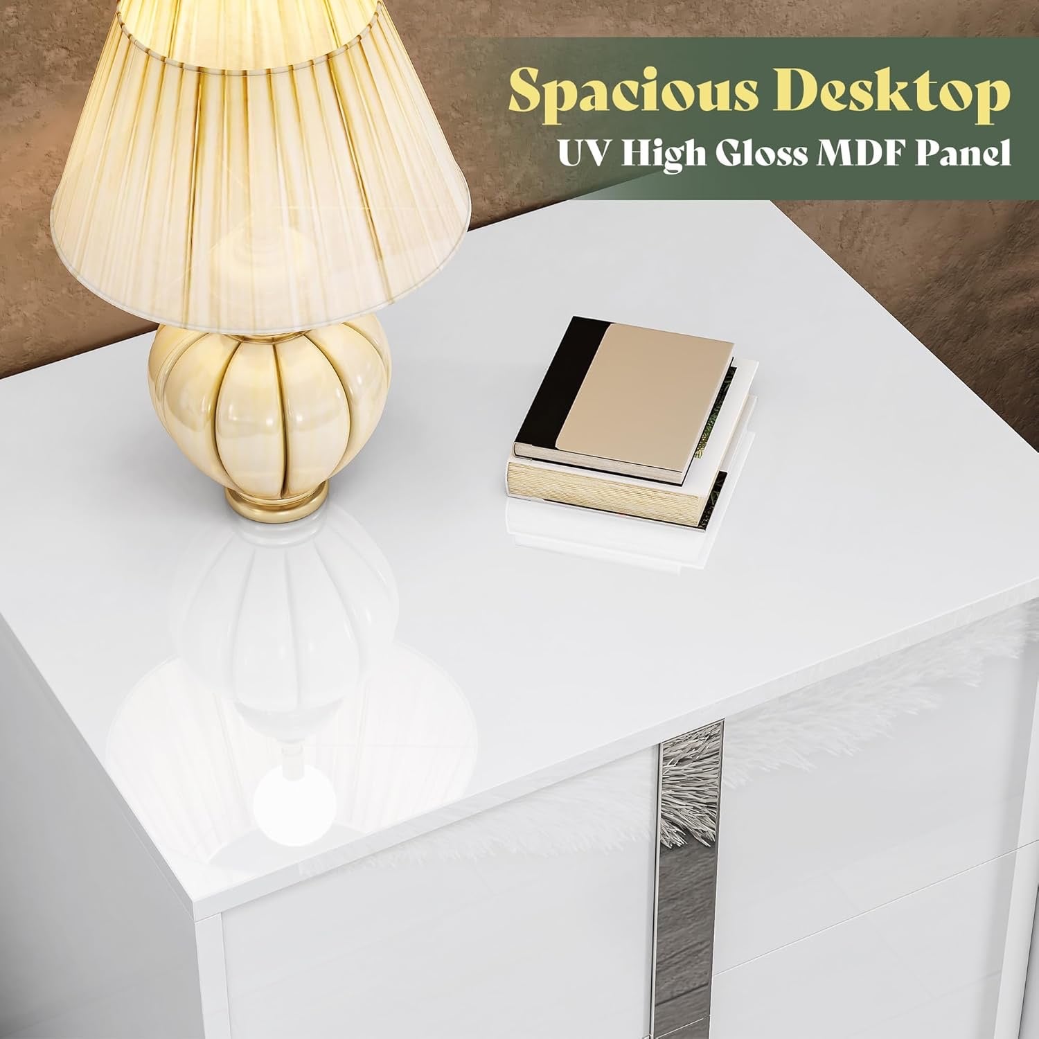 Modern White High-Gloss Nightstand Set of 2 | 2 Drawer Bedside Tables with Electroplated Handles