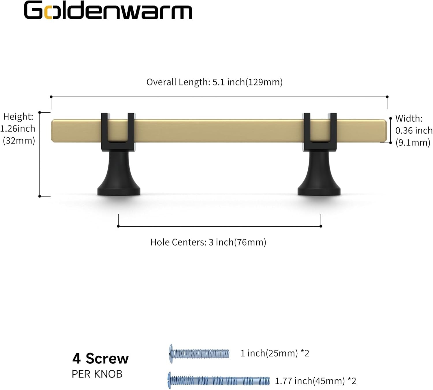 Goldenwarm Black & Gold Cabinet Pulls (10-Pack) | 3" Modern Square Drawer Handles
