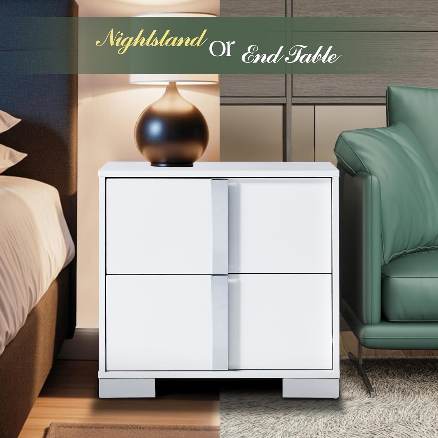 Modern White High-Gloss Nightstand Set of 2 | 2 Drawer Bedside Tables with Electroplated Handles