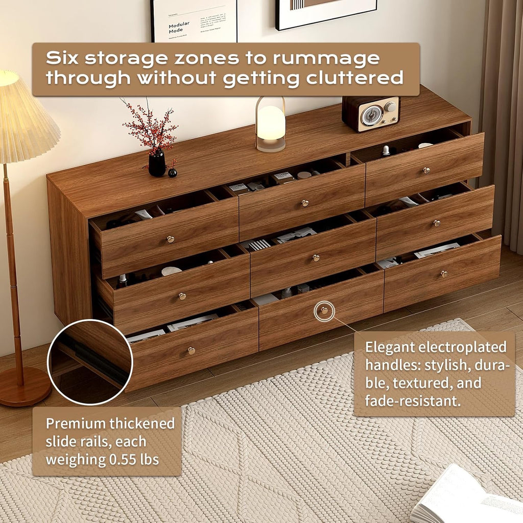 Mid-Century Modern 9-Drawer Dresser 63” | Walnut Solid Wood Storage Cabinet with Beveled Design