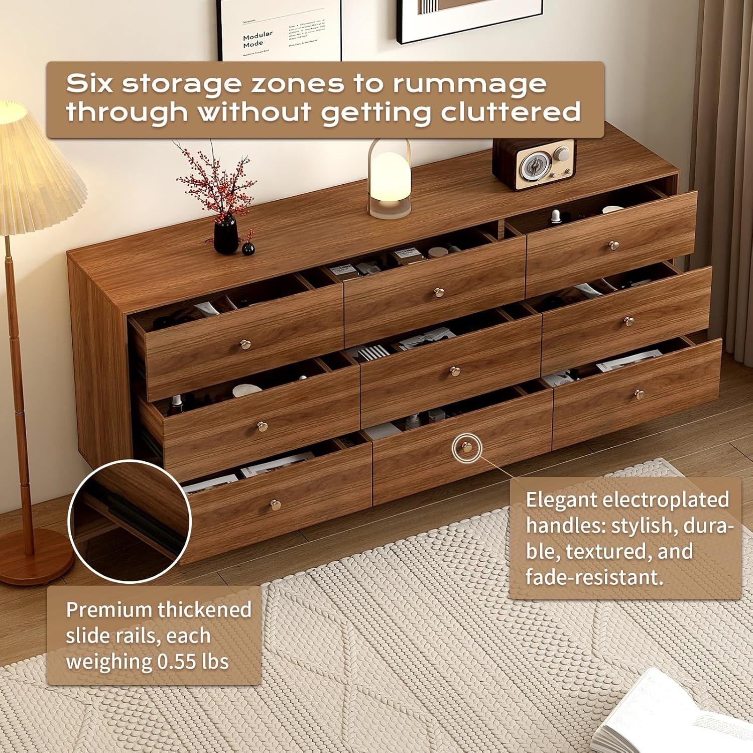 Mid-Century Modern 9-Drawer Dresser 63” | Walnut Solid Wood Storage Cabinet with Beveled Design