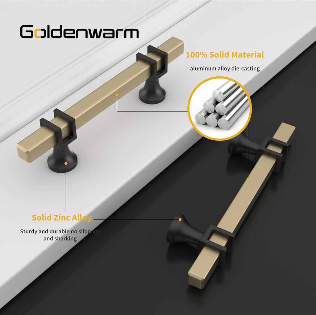 Goldenwarm Black & Gold Cabinet Pulls (10-Pack) | 3" Modern Square Drawer Handles
