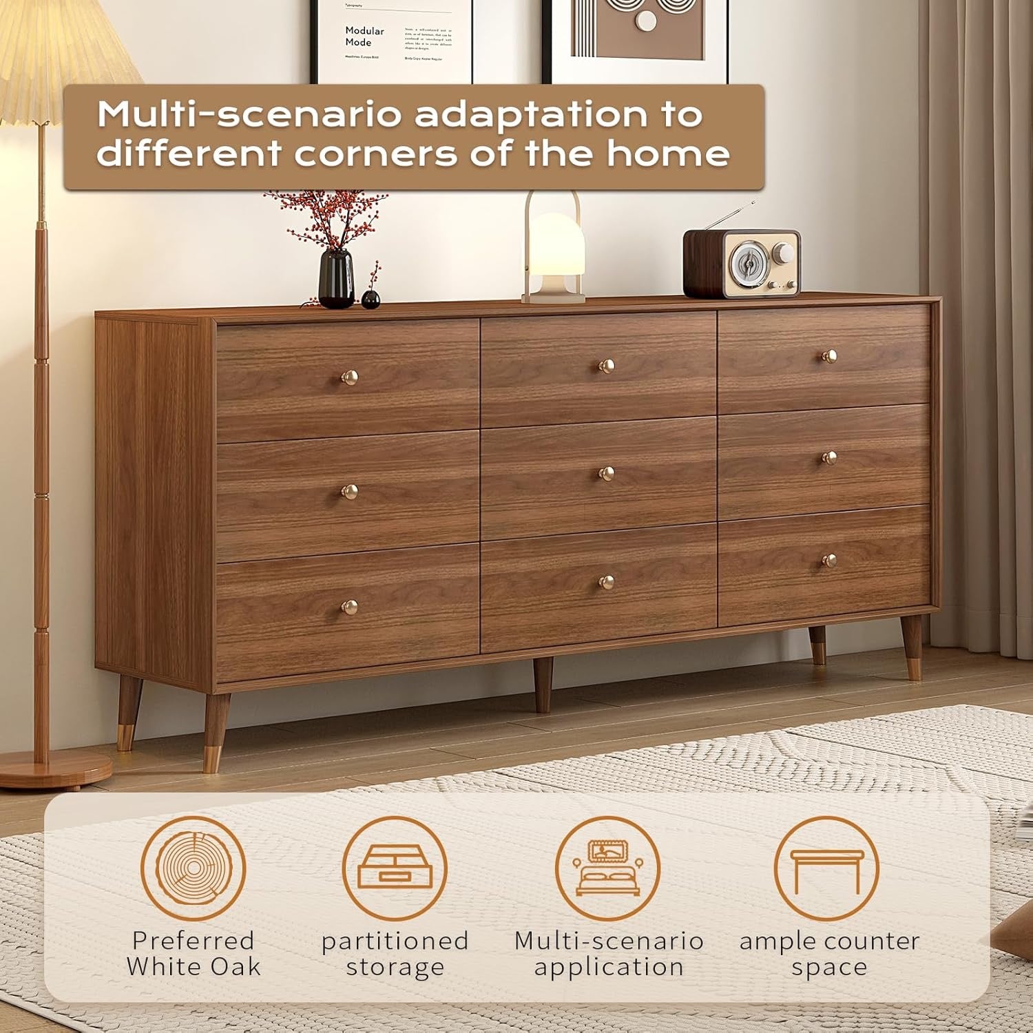 Mid-Century Modern 9-Drawer Dresser 63” | Walnut Solid Wood Storage Cabinet with Beveled Design