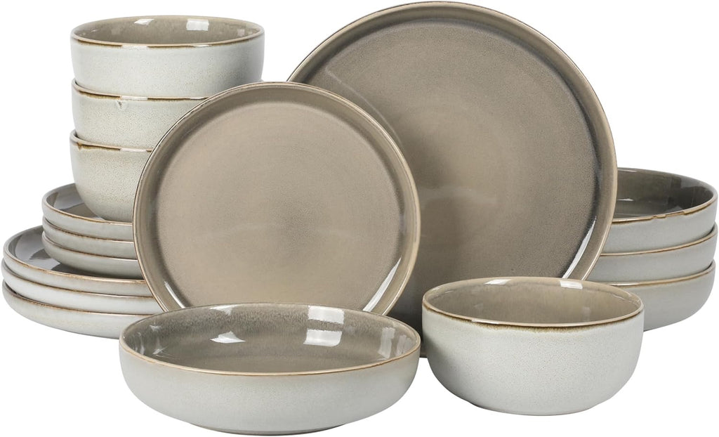Gibson Elite Sunveil Dinnerware Set (16-Piece) | Reactive Glaze Stoneware Plates & Bowls Service for 4 (Light Taupe)