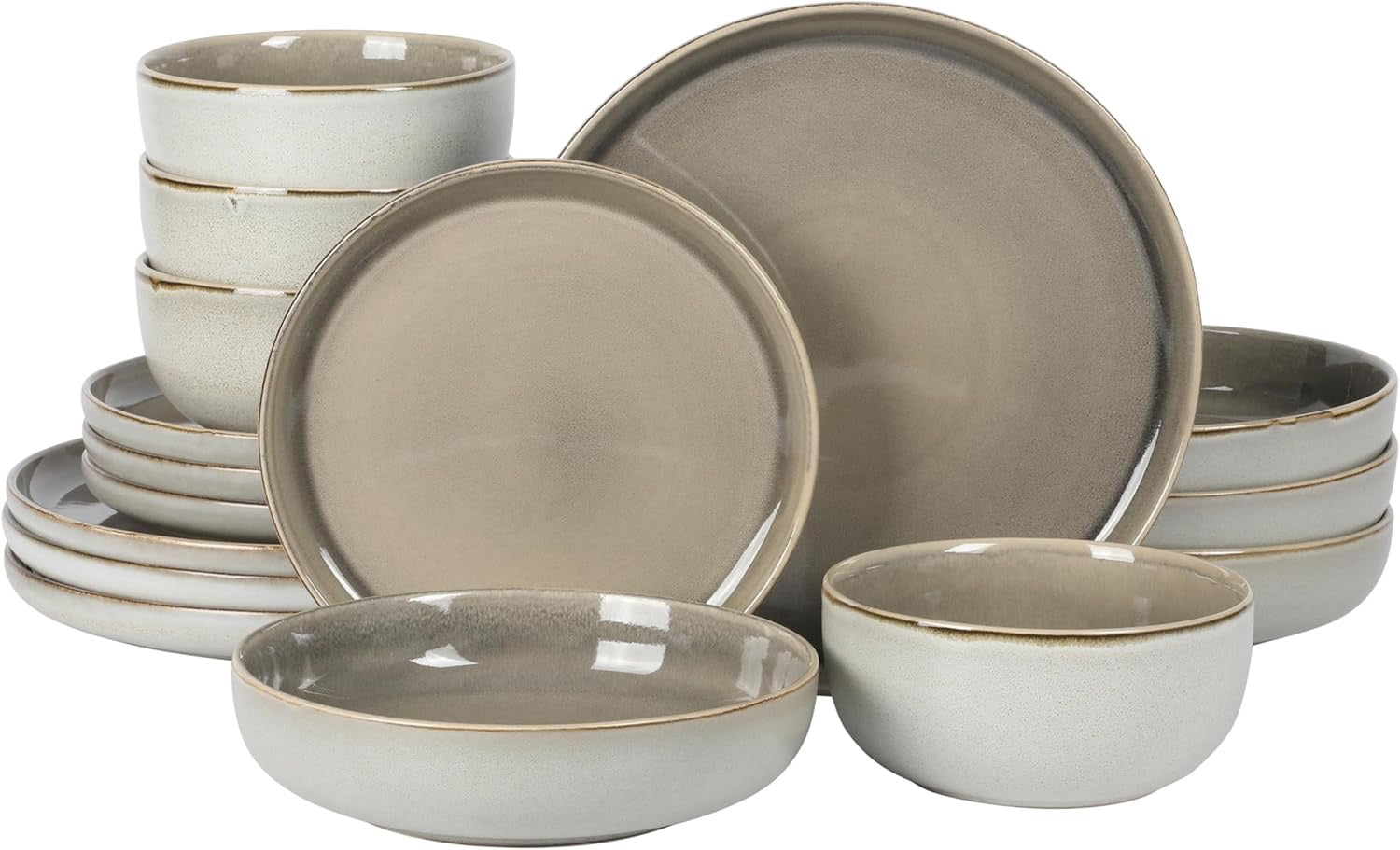 Gibson Elite Sunveil Dinnerware Set (16-Piece) | Reactive Glaze Stoneware Plates & Bowls Service for 4 (Light Taupe)