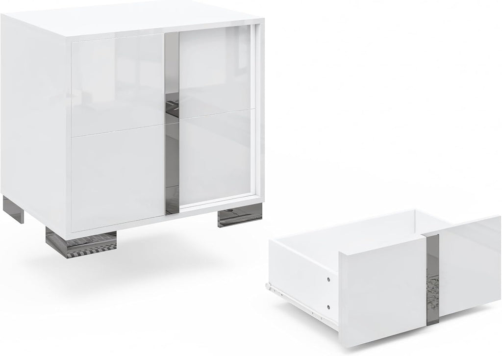 Modern White High-Gloss Nightstand Set of 2 | 2 Drawer Bedside Tables with Electroplated Handles