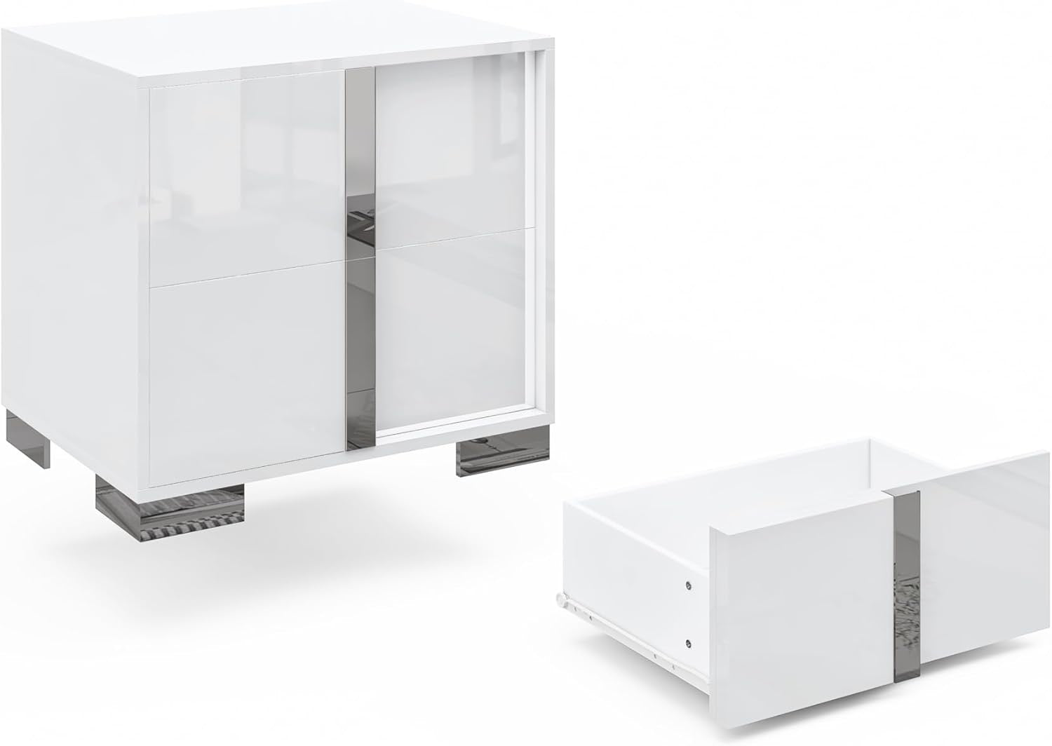 Modern White High-Gloss Nightstand Set of 2 | 2 Drawer Bedside Tables with Electroplated Handles