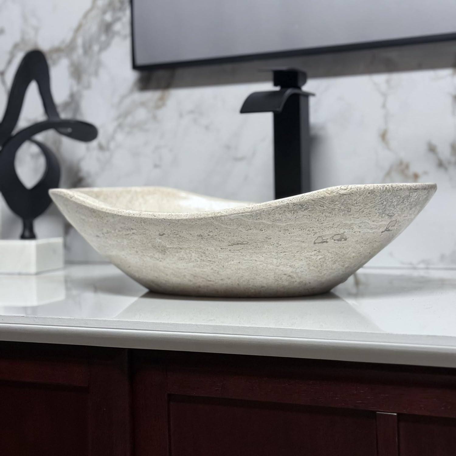 Shades of Nature Travertine Vessel Sink | Hand-Carved Oval Above Counter Bathroom Vanity Basin