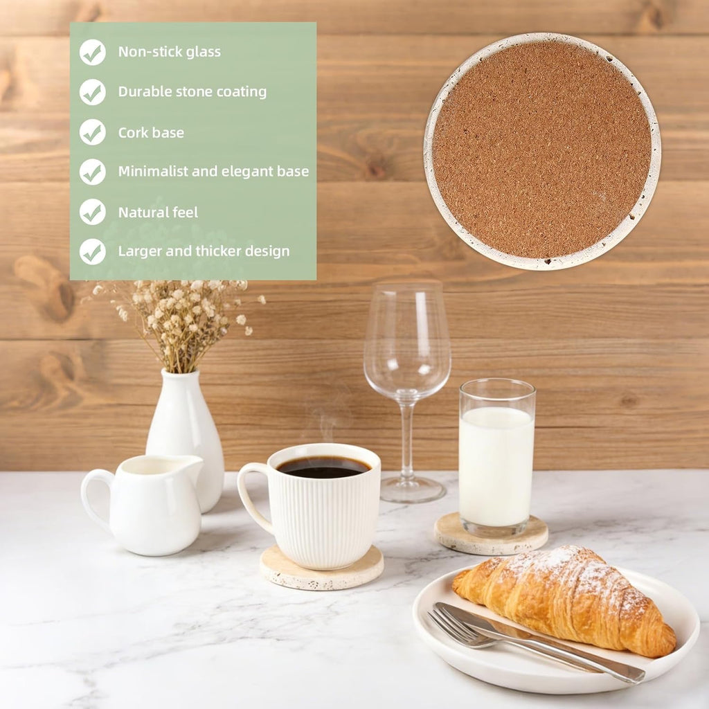 Natural Yellow Travertine Marble Coasters Set of 4 | Round Stone Drink Coasters with Gold Holder