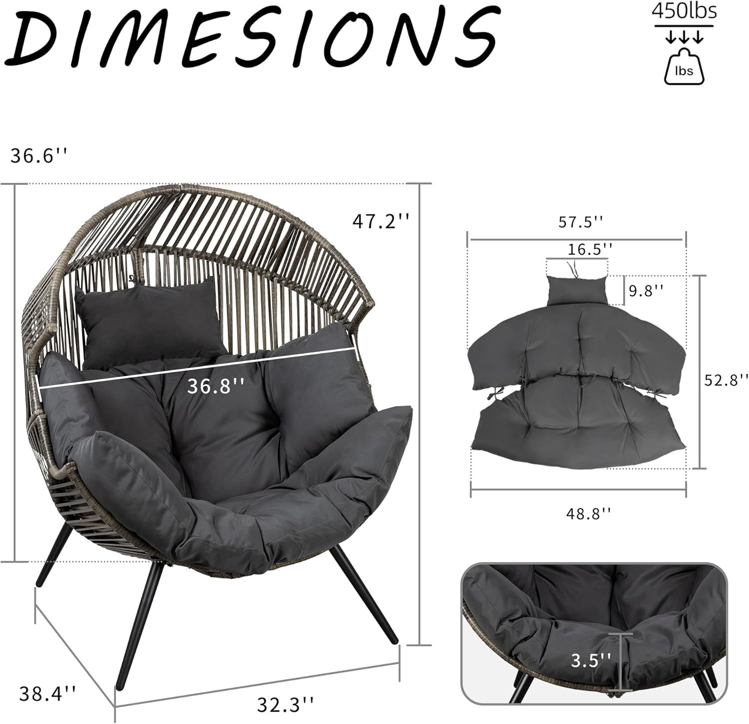 Vongrasig Outdoor Wicker Egg Chair | Oversized PE Rattan Patio Lounge Chair with Cushion (Black/Rattan)