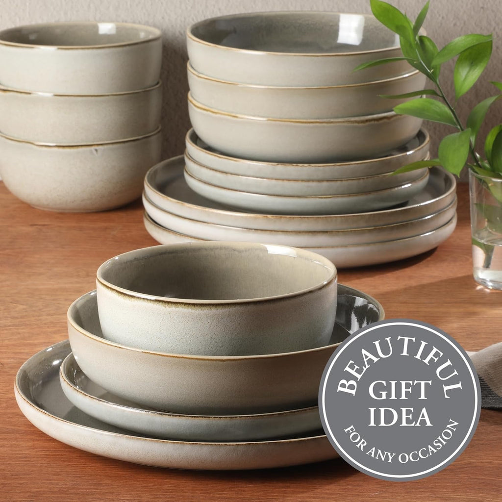Gibson Elite Sunveil Dinnerware Set (16-Piece) | Reactive Glaze Stoneware Plates & Bowls Service for 4 (Light Taupe)