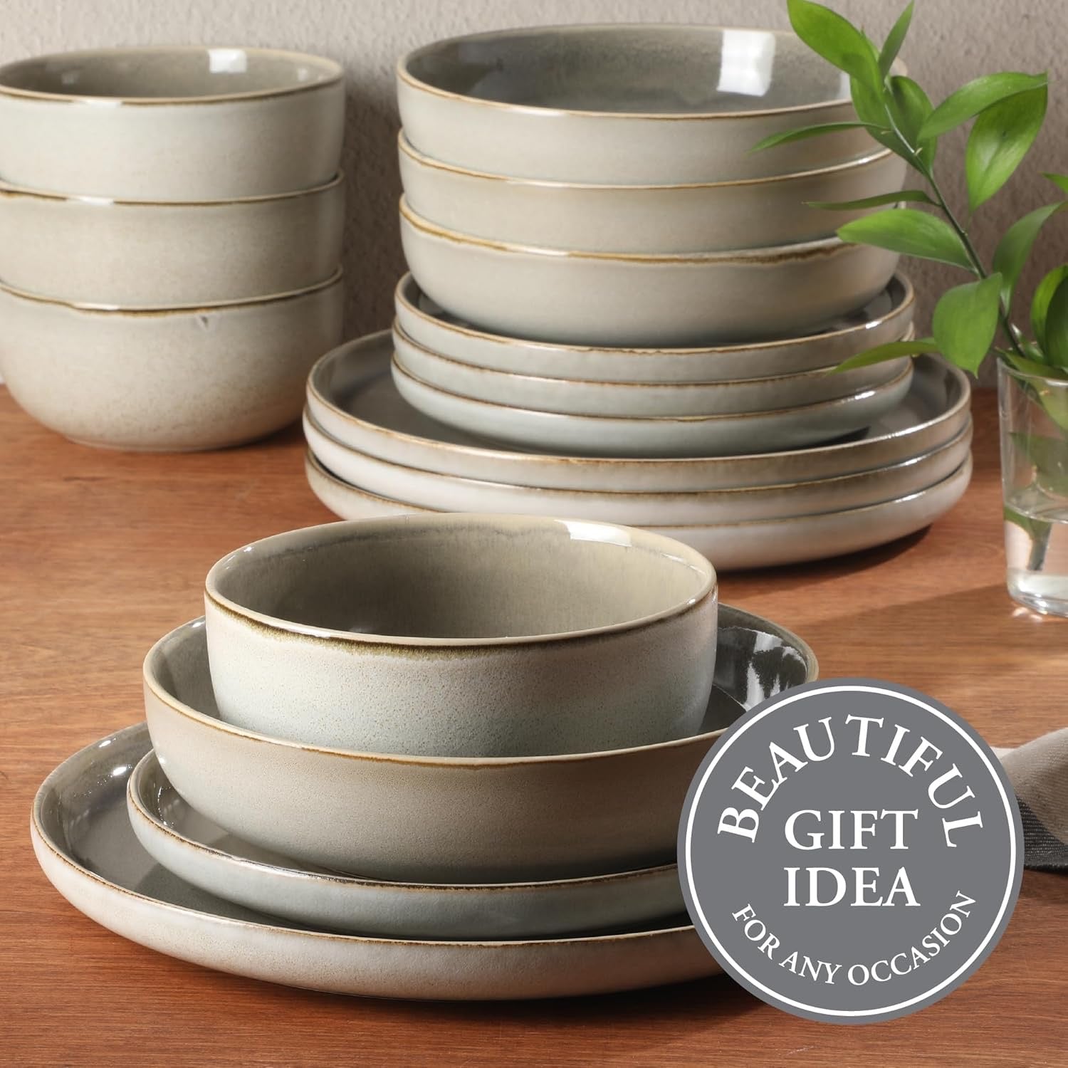 Gibson Elite Sunveil Dinnerware Set (16-Piece) | Reactive Glaze Stoneware Plates & Bowls Service for 4 (Light Taupe)