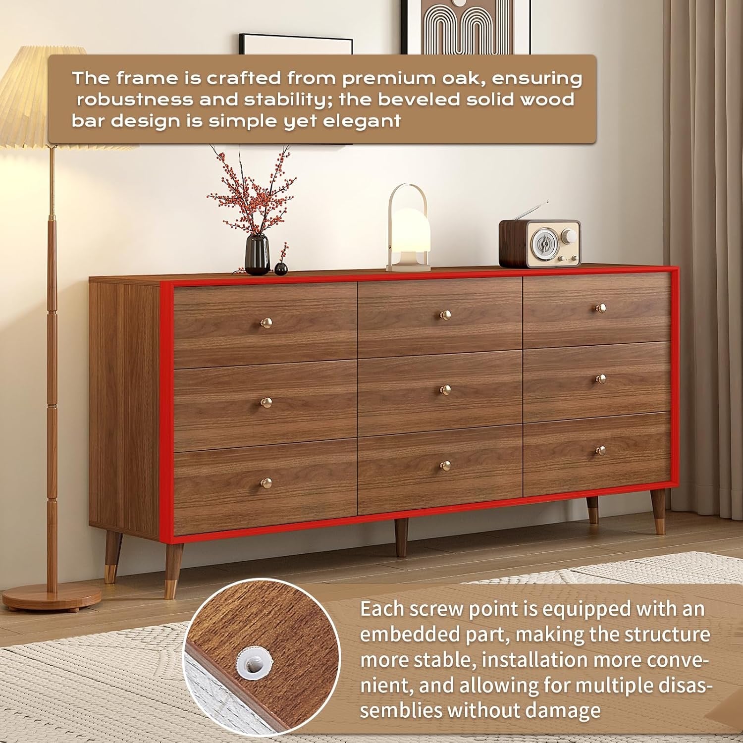 Mid-Century Modern 9-Drawer Dresser 63” | Walnut Solid Wood Storage Cabinet with Beveled Design