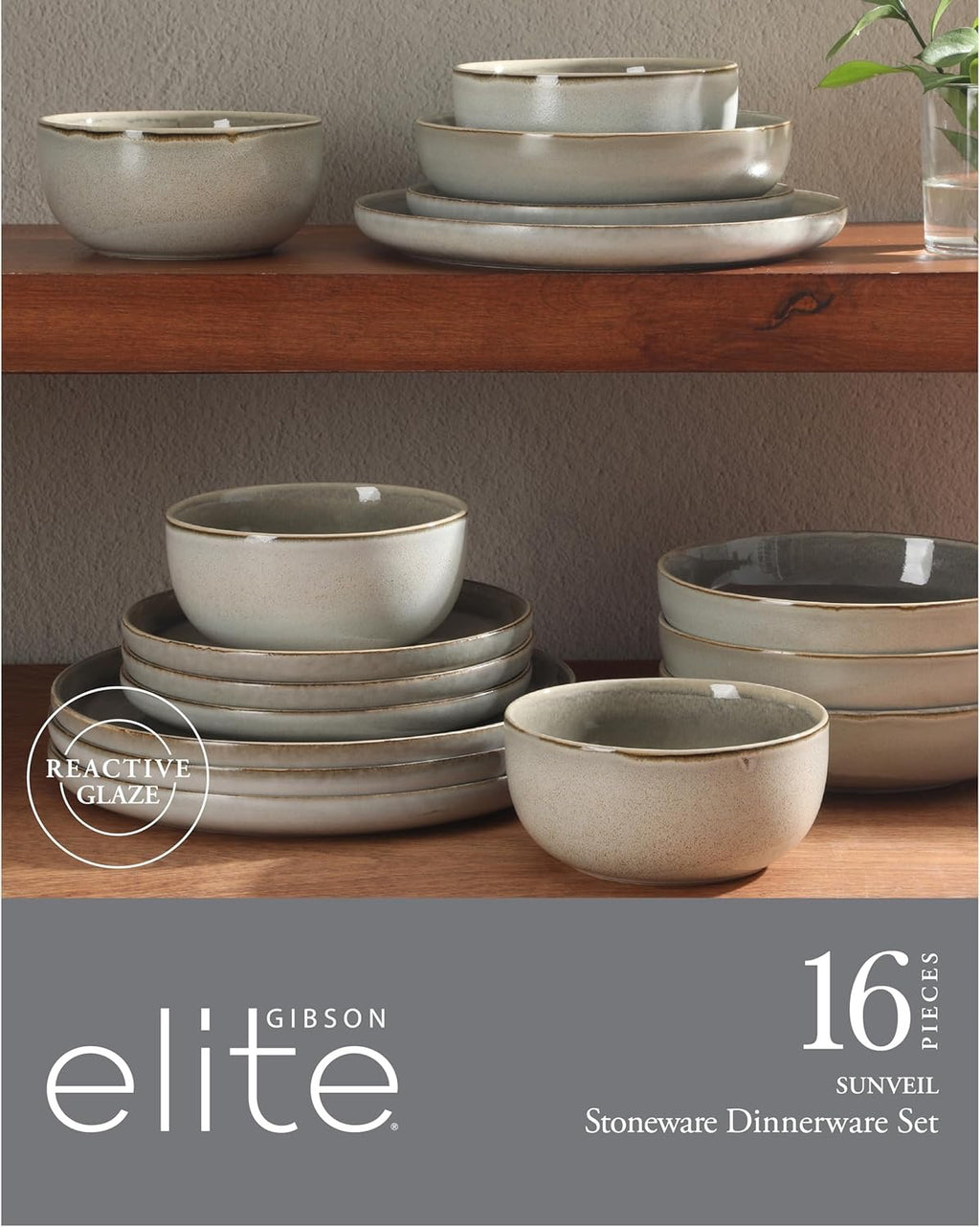 Gibson Elite Sunveil Dinnerware Set (16-Piece) | Reactive Glaze Stoneware Plates & Bowls Service for 4 (Light Taupe)