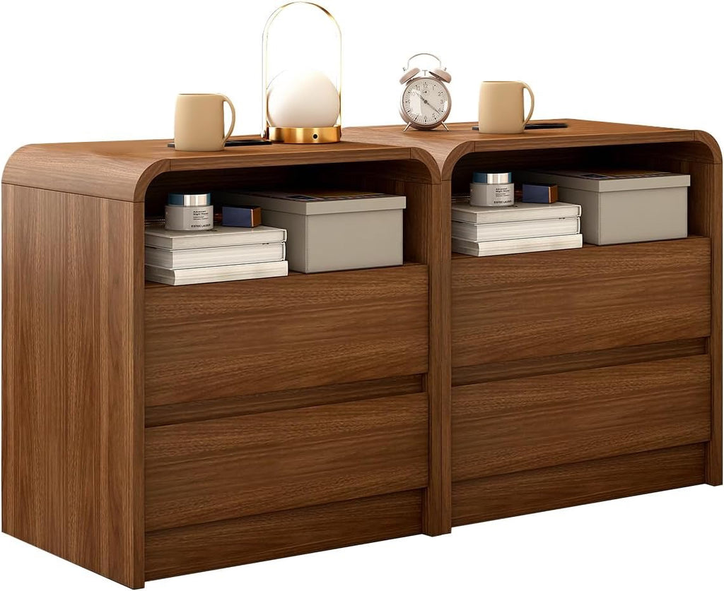 Modern Nightstand Set of 2 with Charging Station | 23.6” Mid-Century Side Tables with Curved Design