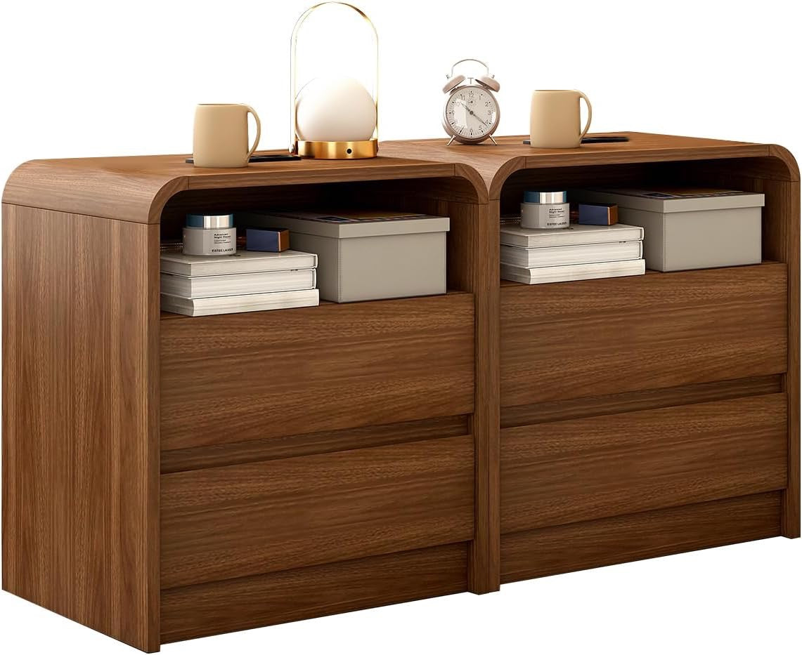 Modern Nightstand Set of 2 with Charging Station | 23.6” Mid-Century Side Tables with Curved Design