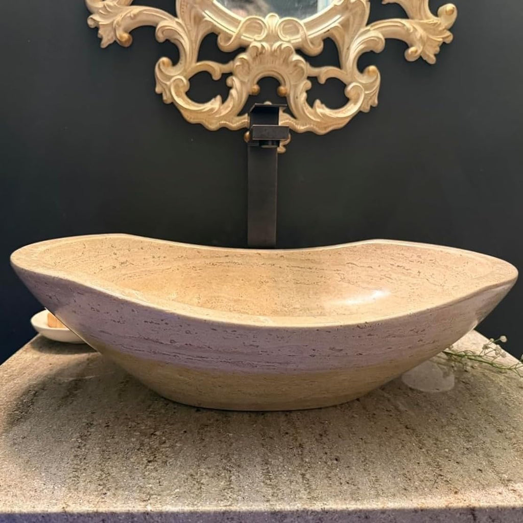 Shades of Nature Travertine Vessel Sink | Hand-Carved Oval Above Counter Bathroom Vanity Basin