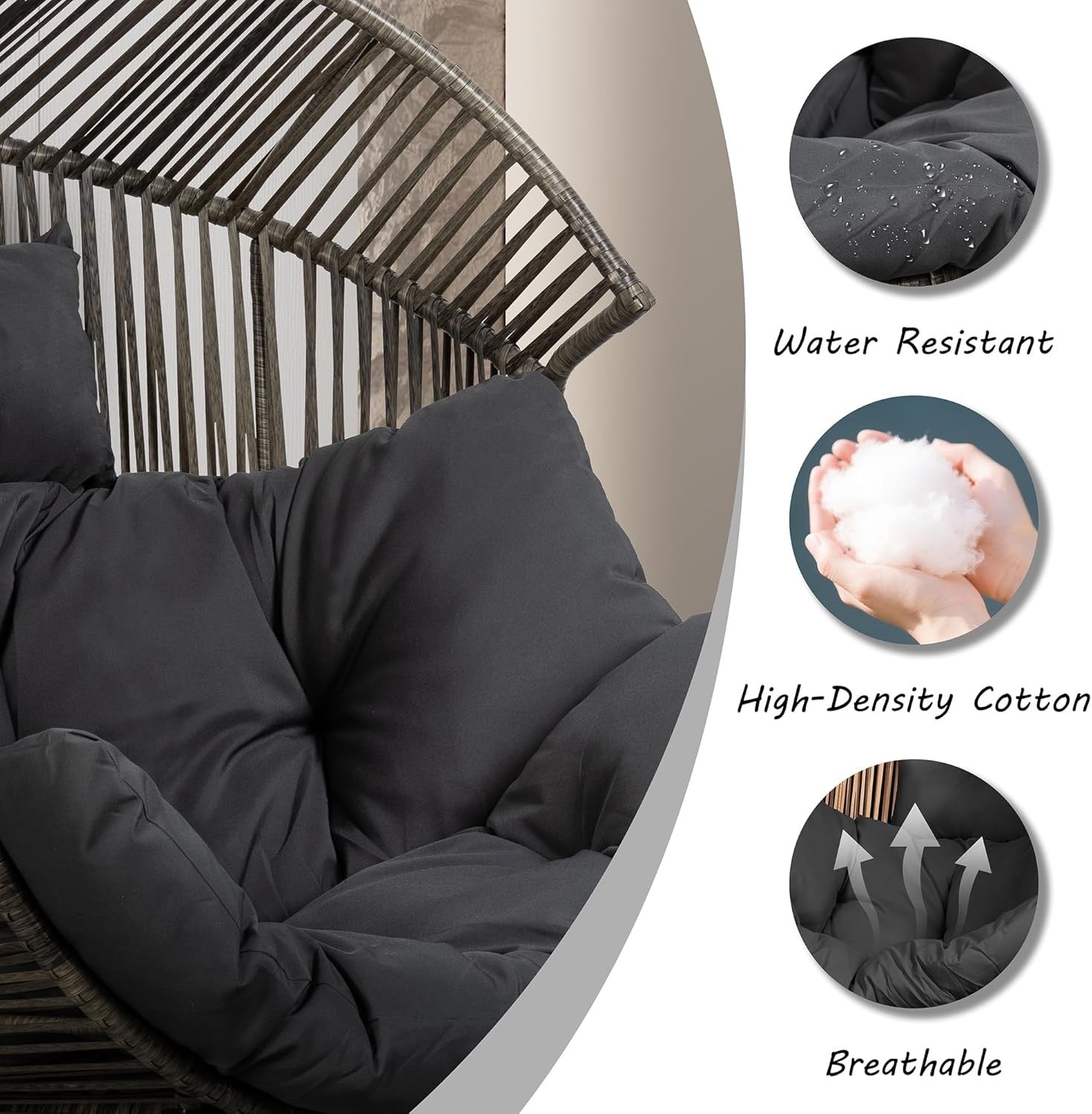 Vongrasig Outdoor Wicker Egg Chair | Oversized PE Rattan Patio Lounge Chair with Cushion (Black/Rattan)