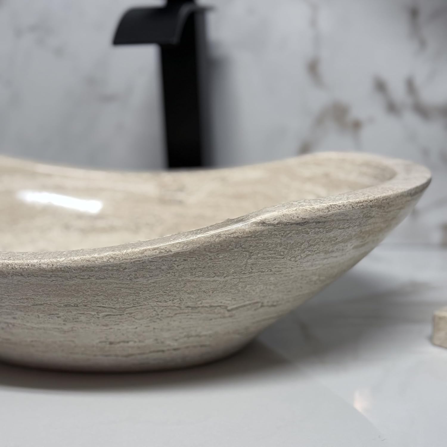 Shades of Nature Travertine Vessel Sink | Hand-Carved Oval Above Counter Bathroom Vanity Basin