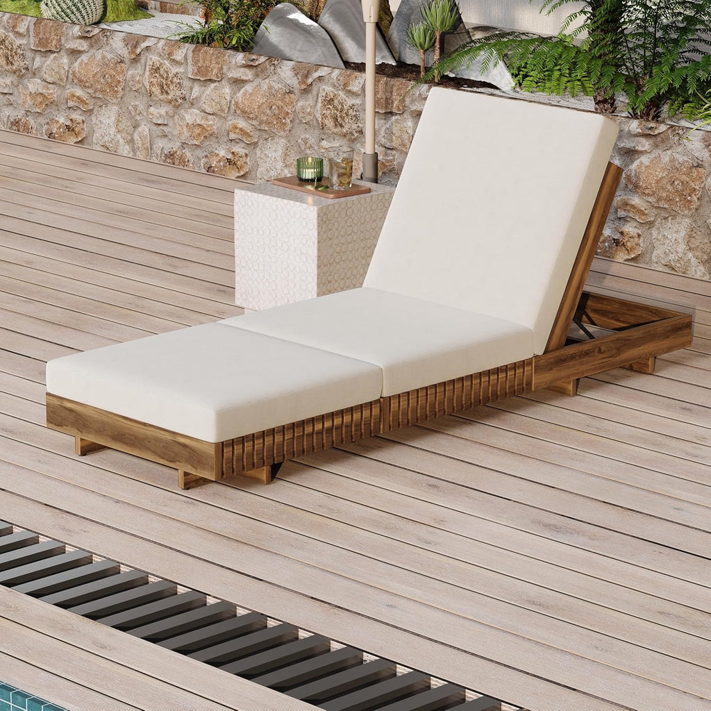 Merax Acacia Wood Outdoor Chaise Lounge Set with Adjustable Backrest & Cushion – Patio Poolside Furniture (Beige)