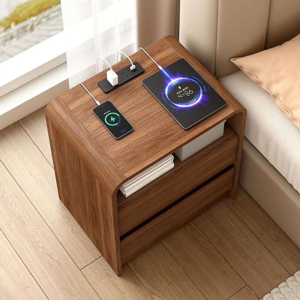 Modern Nightstand Set of 2 with Charging Station | 23.6” Mid-Century Side Tables with Curved Design