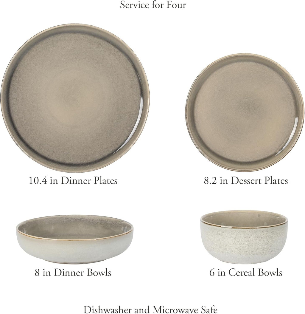 Gibson Elite Sunveil Dinnerware Set (16-Piece) | Reactive Glaze Stoneware Plates & Bowls Service for 4 (Light Taupe)