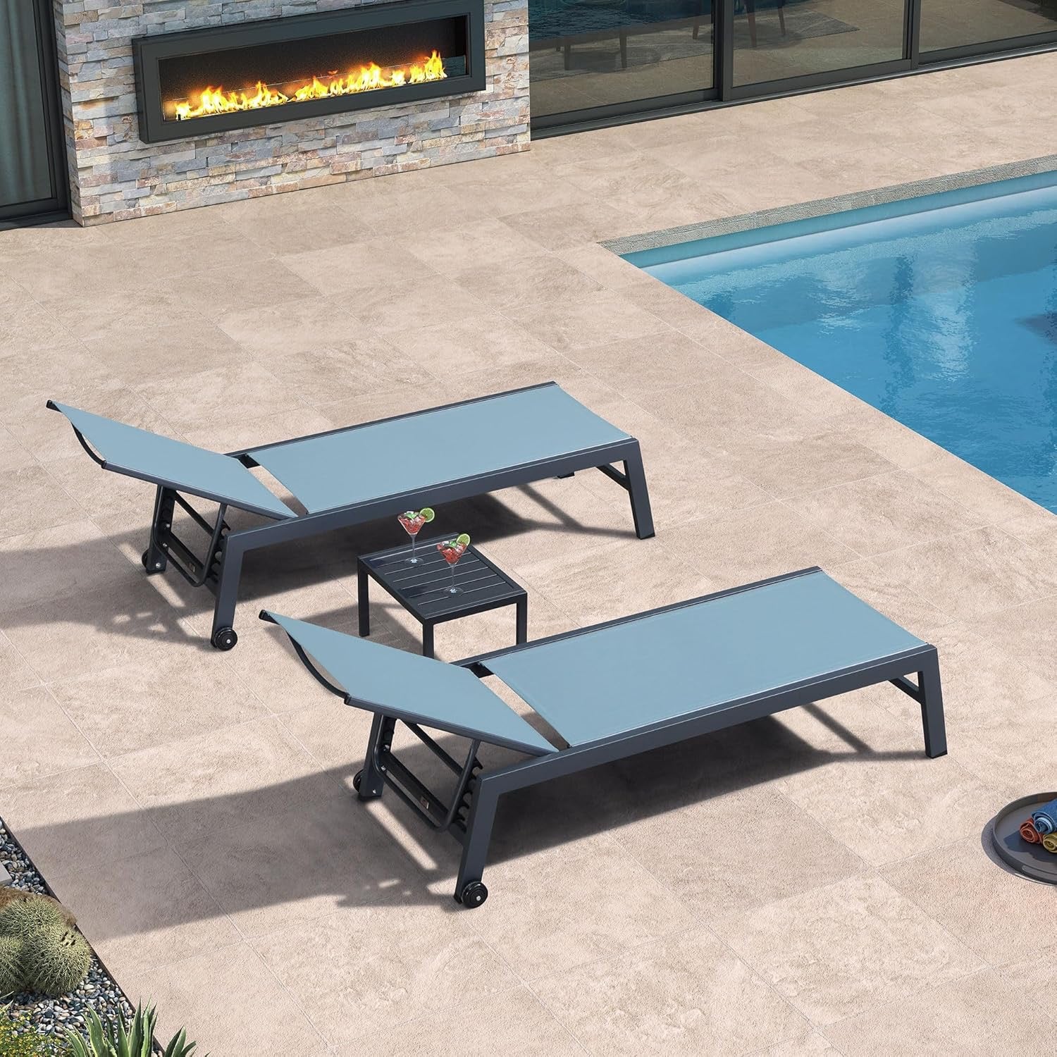 PURPLE LEAF Outdoor Chaise Lounge Set for 2 | Aluminum Poolside Lounge Chairs with Side Table (Teal)