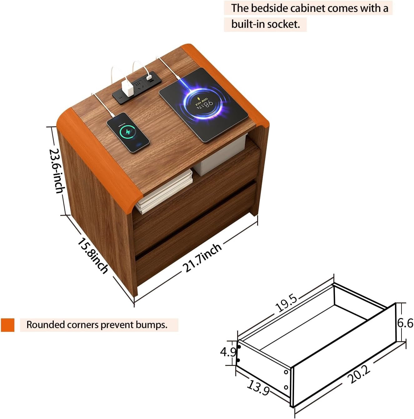 Modern Nightstand Set of 2 with Charging Station | 23.6” Mid-Century Side Tables with Curved Design