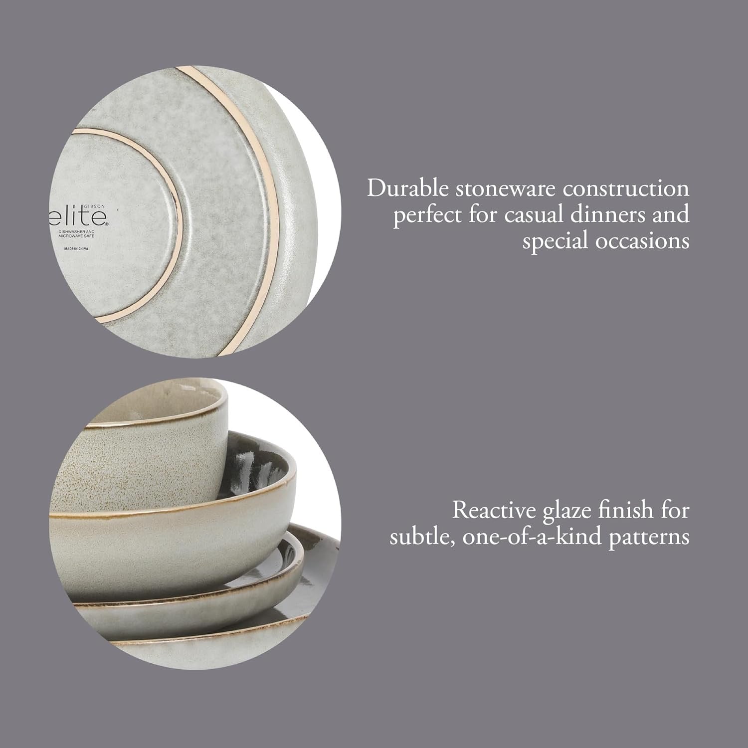 Gibson Elite Sunveil Dinnerware Set (16-Piece) | Reactive Glaze Stoneware Plates & Bowls Service for 4 (Light Taupe)