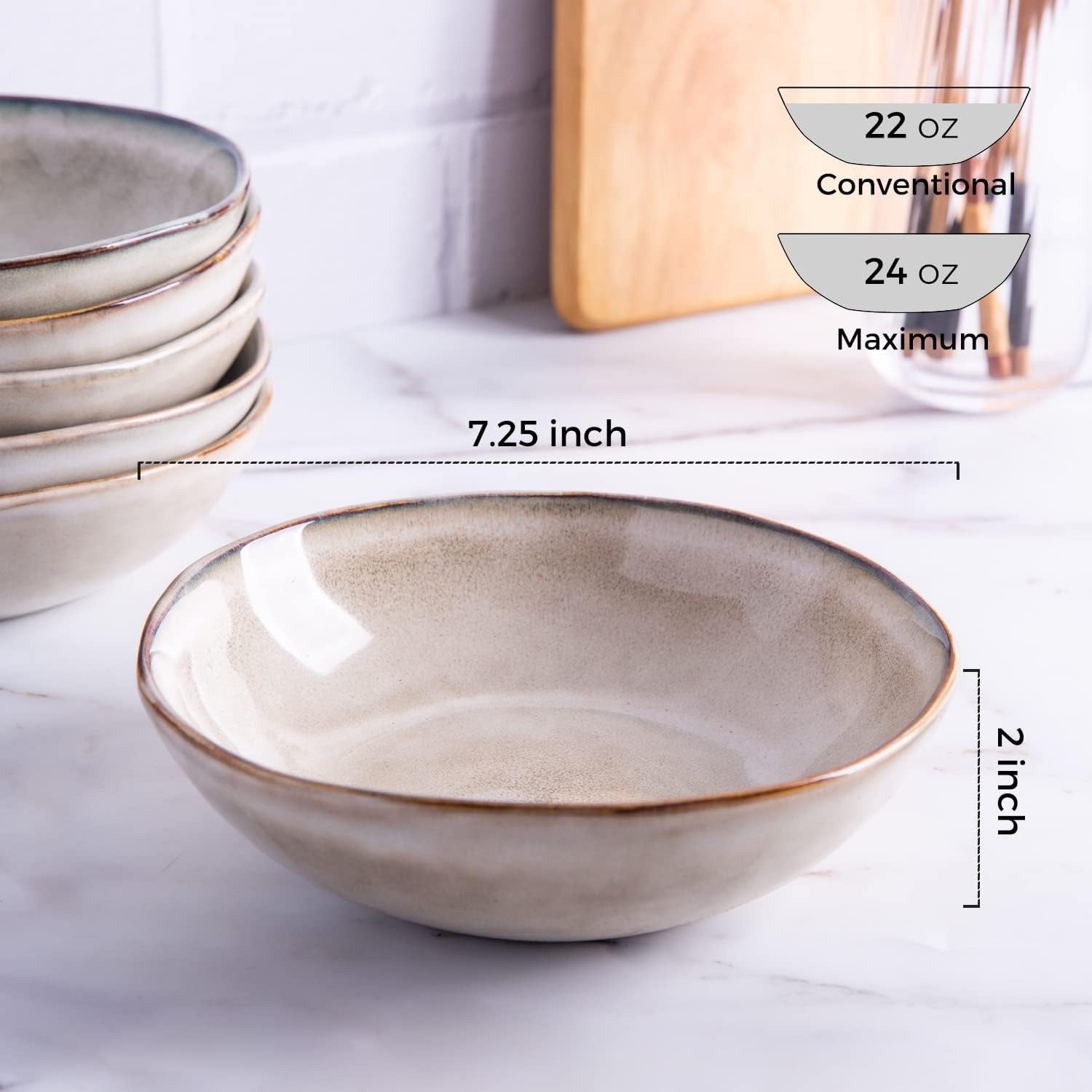 AmorArc Ceramic Cereal Bowls Set of 6 | Handmade Stoneware Bowls with Reactive Glaze – Cappuccino