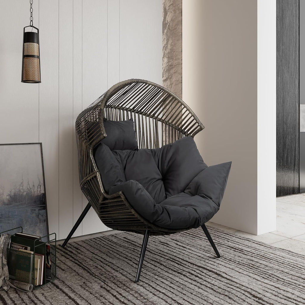 Vongrasig Outdoor Wicker Egg Chair | Oversized PE Rattan Patio Lounge Chair with Cushion (Black/Rattan)