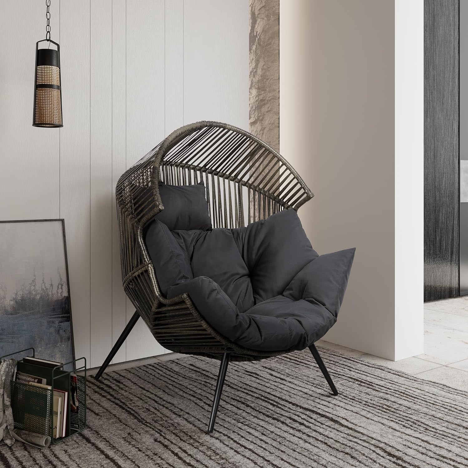 Vongrasig Outdoor Wicker Egg Chair | Oversized PE Rattan Patio Lounge Chair with Cushion (Black/Rattan)