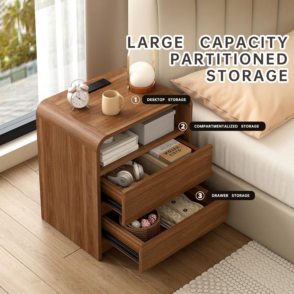 Modern Nightstand Set of 2 with Charging Station | 23.6” Mid-Century Side Tables with Curved Design