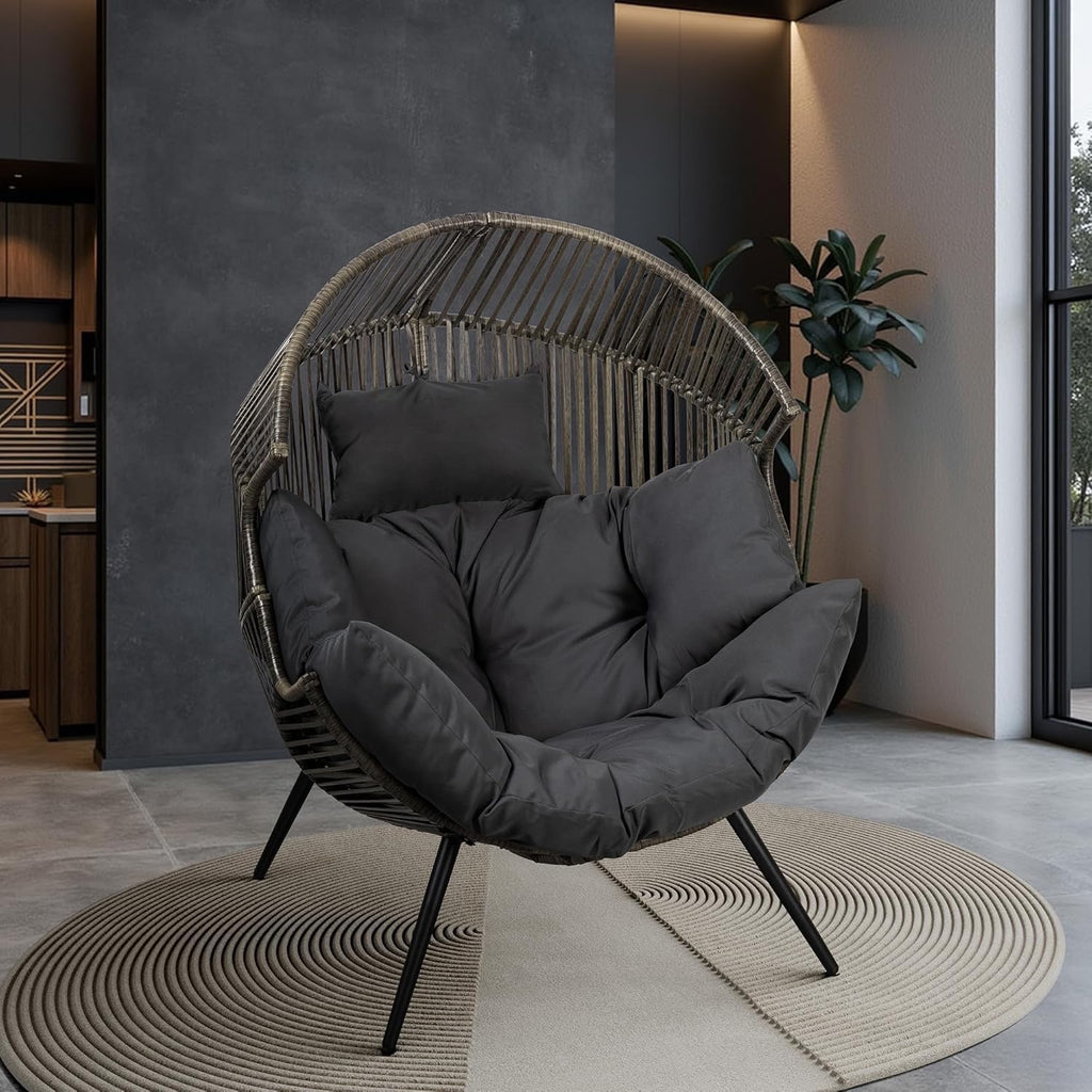 Vongrasig Outdoor Wicker Egg Chair | Oversized PE Rattan Patio Lounge Chair with Cushion (Black/Rattan)