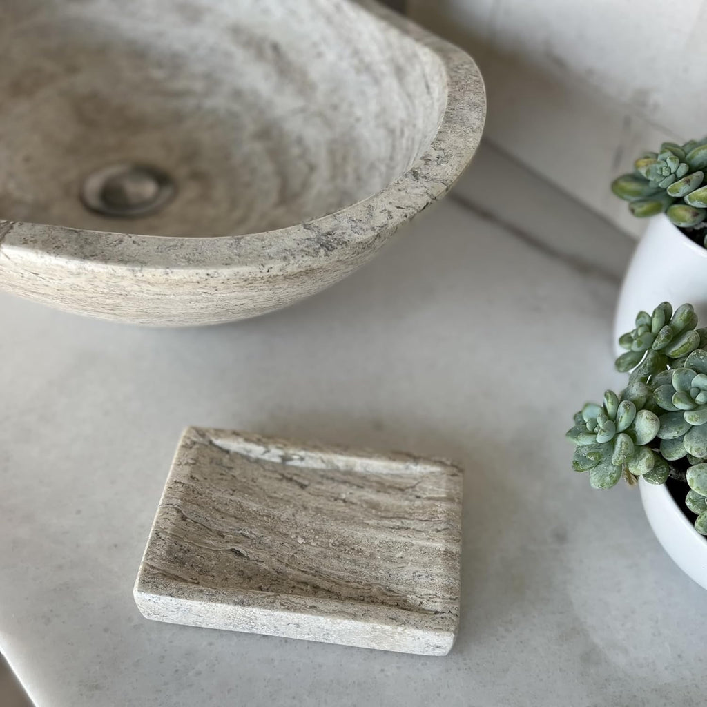 Shades of Nature Travertine Vessel Sink | Hand-Carved Oval Above Counter Bathroom Vanity Basin