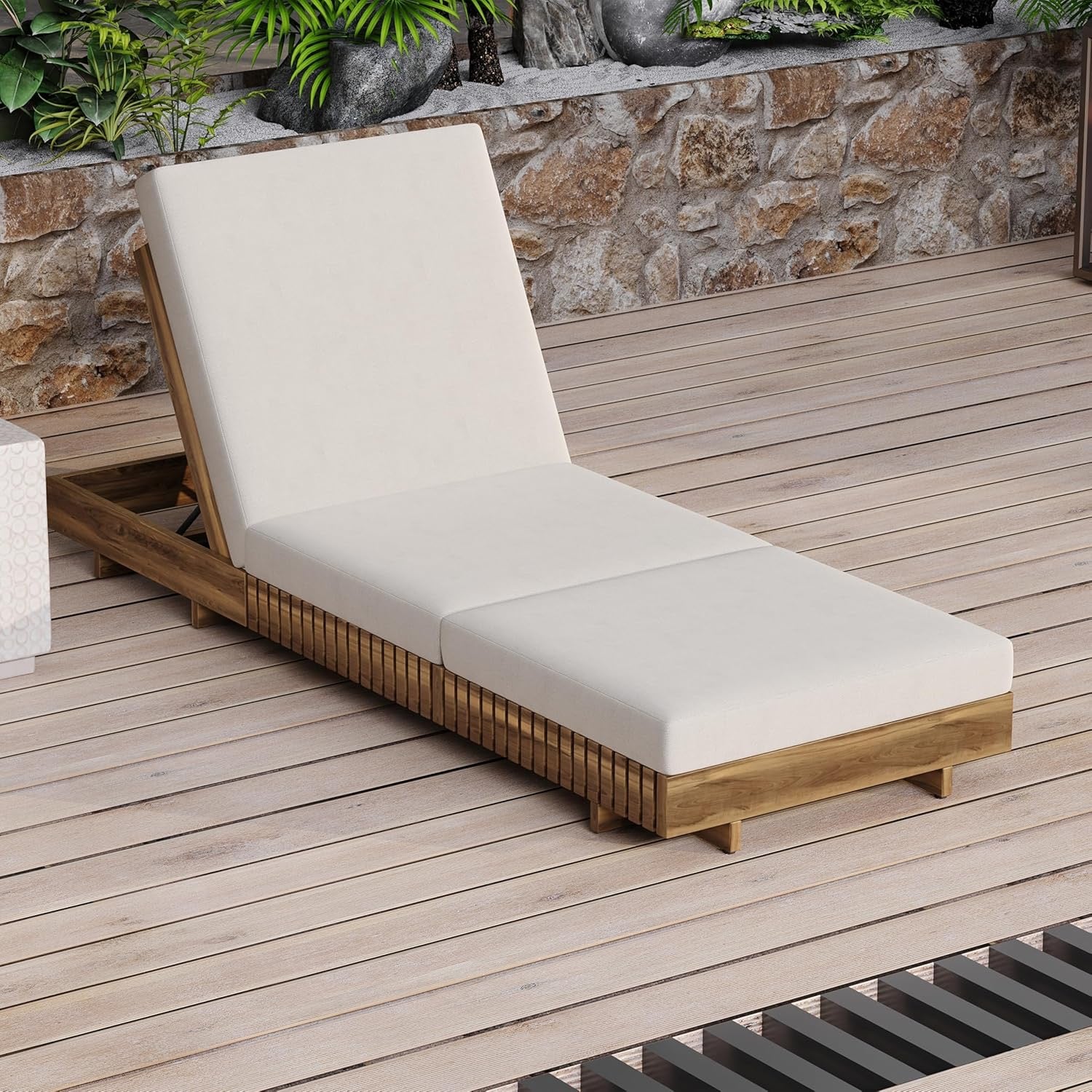 Merax Acacia Wood Outdoor Chaise Lounge Set with Adjustable Backrest & Cushion – Patio Poolside Furniture (Beige)