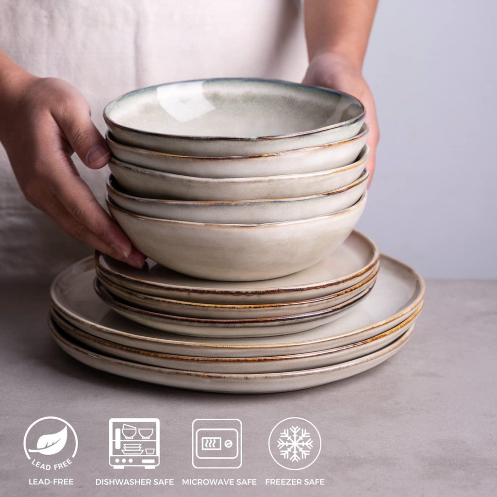 AmorArc Ceramic Cereal Bowls Set of 6 | Handmade Stoneware Bowls with Reactive Glaze – Cappuccino