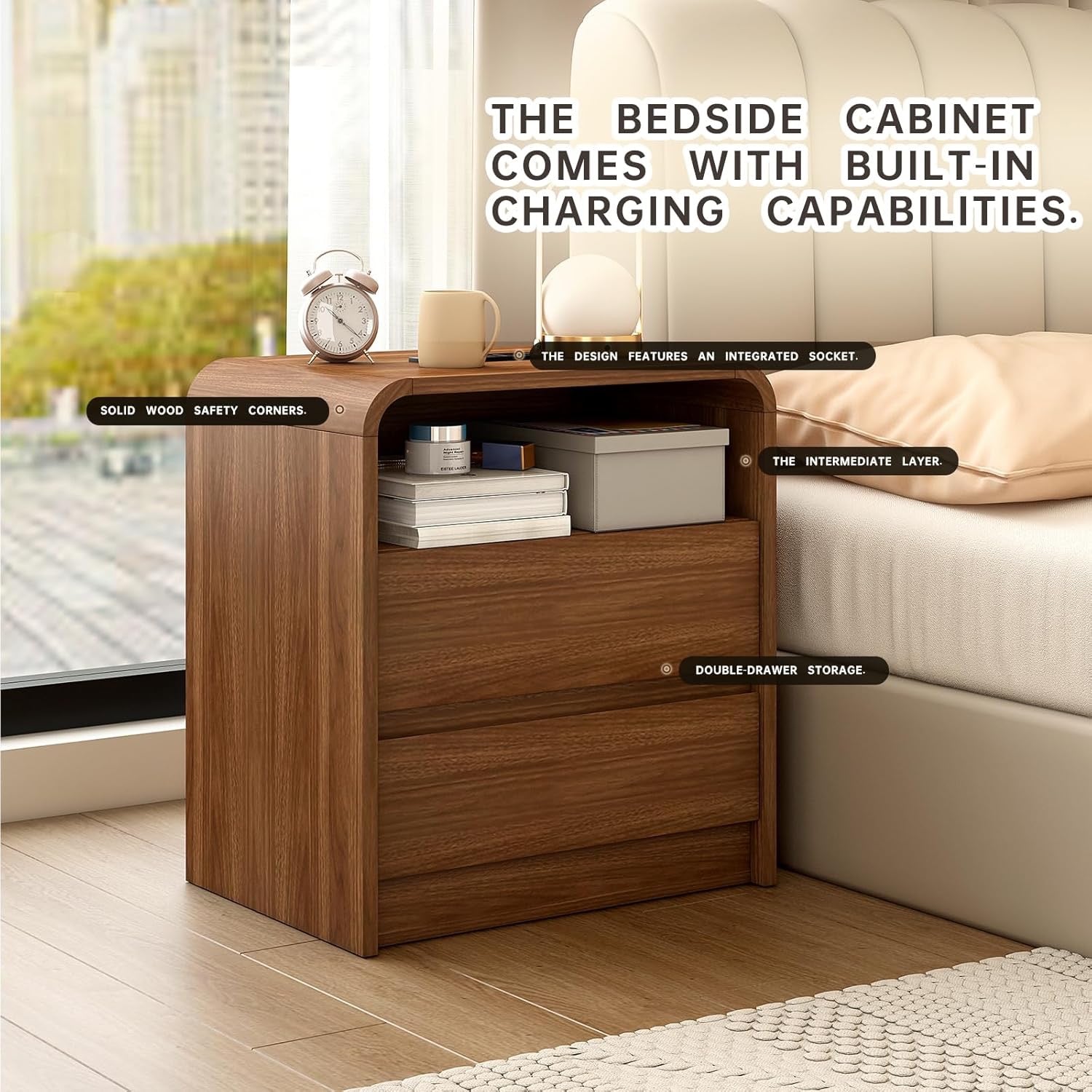 Modern Nightstand Set of 2 with Charging Station | 23.6” Mid-Century Side Tables with Curved Design