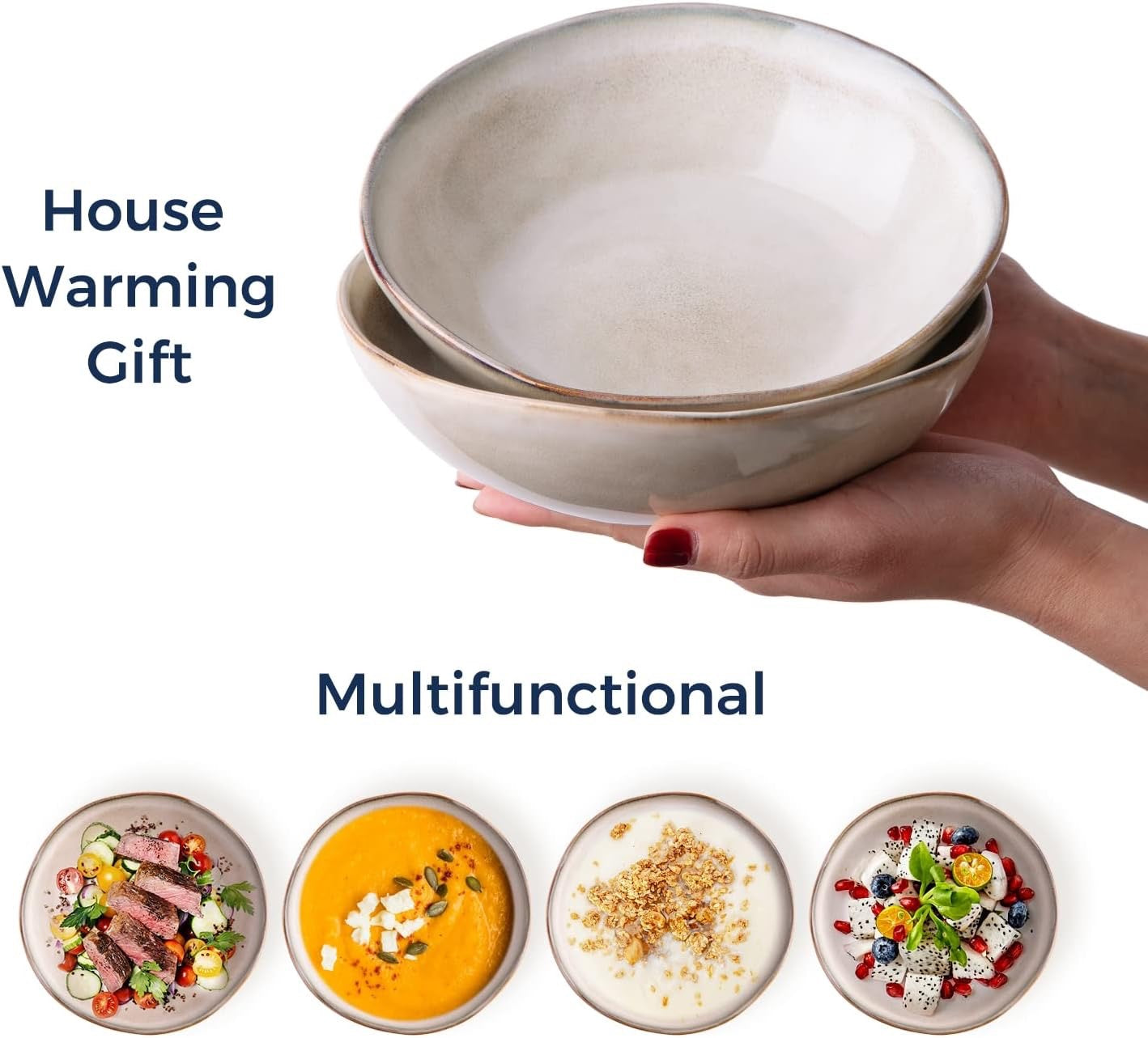 AmorArc Ceramic Cereal Bowls Set of 6 | Handmade Stoneware Bowls with Reactive Glaze – Cappuccino