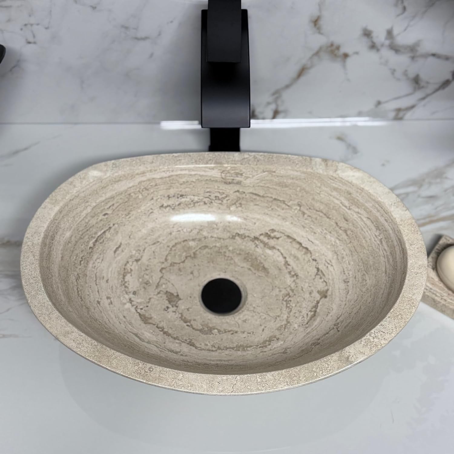 Shades of Nature Travertine Vessel Sink | Hand-Carved Oval Above Counter Bathroom Vanity Basin