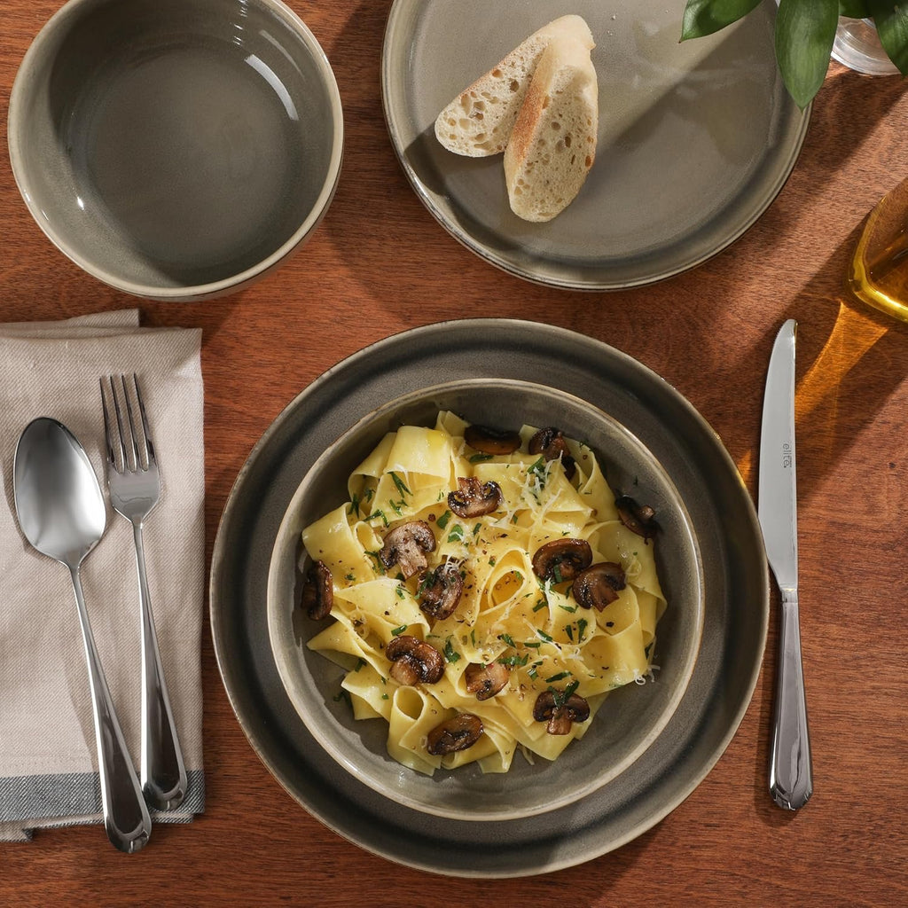 Gibson Elite Sunveil Dinnerware Set (16-Piece) | Reactive Glaze Stoneware Plates & Bowls Service for 4 (Light Taupe)
