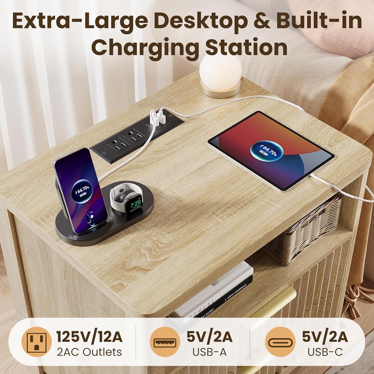 CypBed Fluted Nightstand Set of 2 | Walnut Mid-Century Bedside Tables with Charging Station