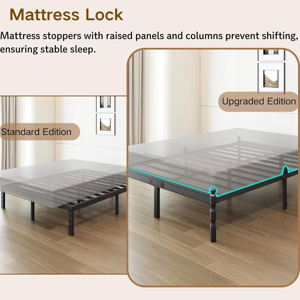 COMASACH Heavy Duty King Platform Bed Frame | Metal Frame with Storage & Mattress Stopper – Black