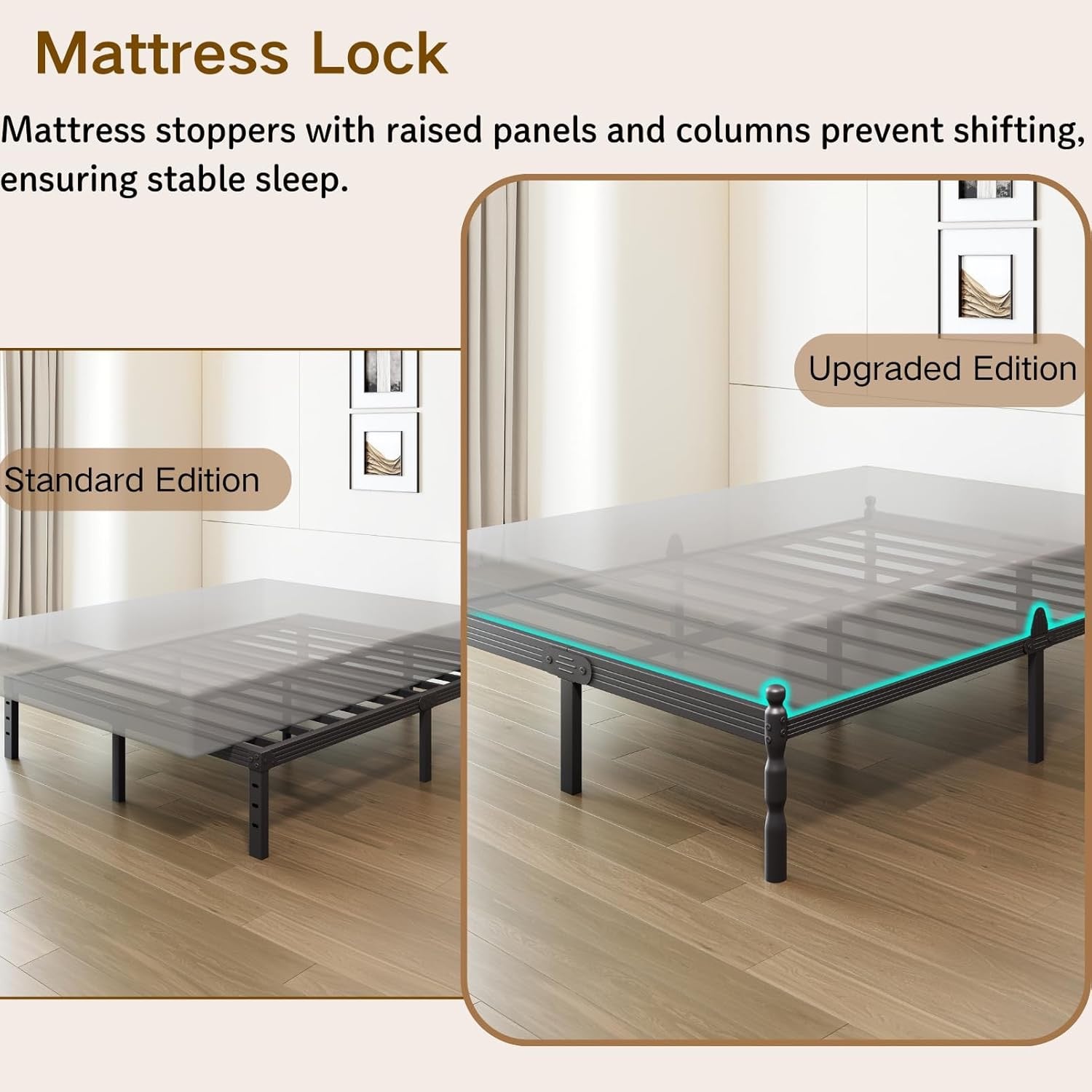 COMASACH Heavy Duty King Platform Bed Frame | Metal Frame with Storage & Mattress Stopper – Black