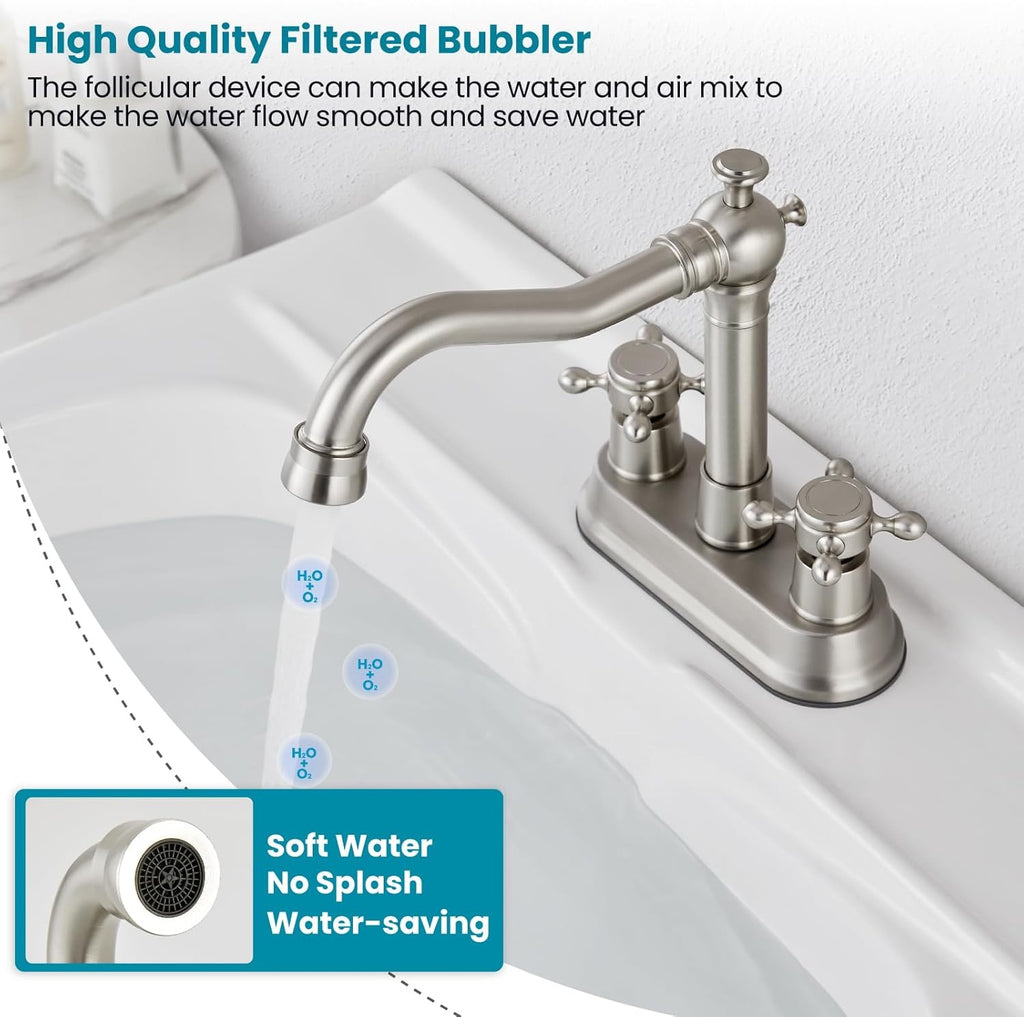 gotonovo 4 Inch Centerset Bathroom Faucet | Brushed Nickel Cross Handle Vanity Faucet with Pop-Up Drain