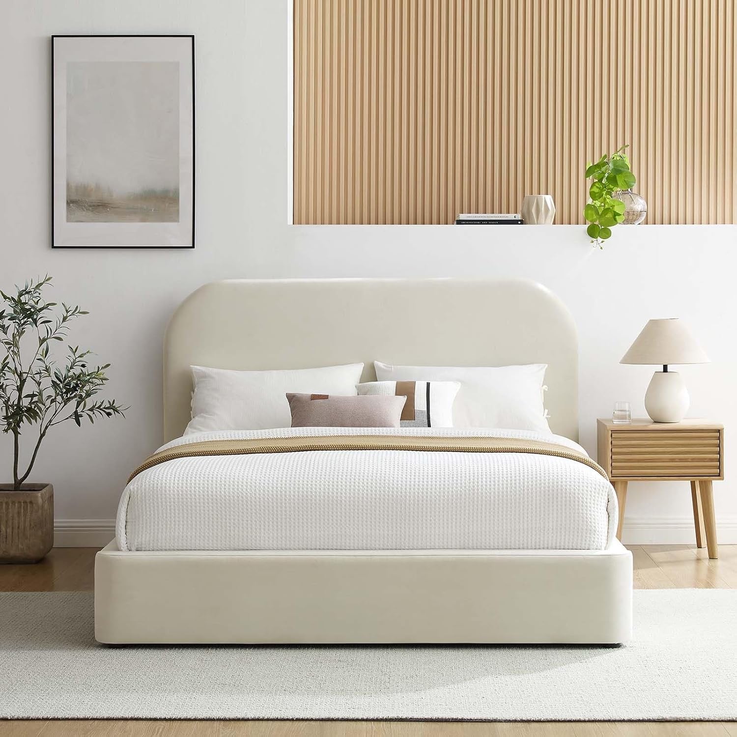 Modway Keynote King Upholstered Platform Bed | Curved Low-Profile Alabaster Velvet Cloud Frame