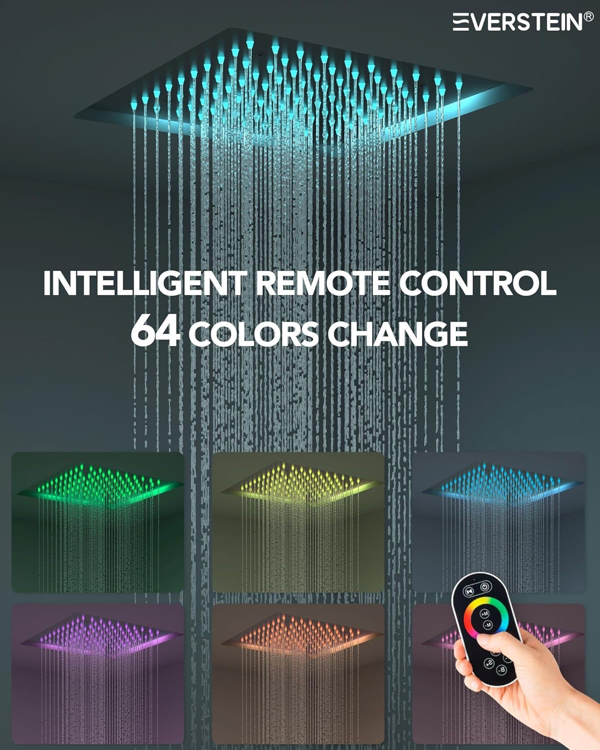 12” Ceiling Mount LED Rainfall Shower System | Matte Black Dual Shower Head with 64-Color Mood Lighting