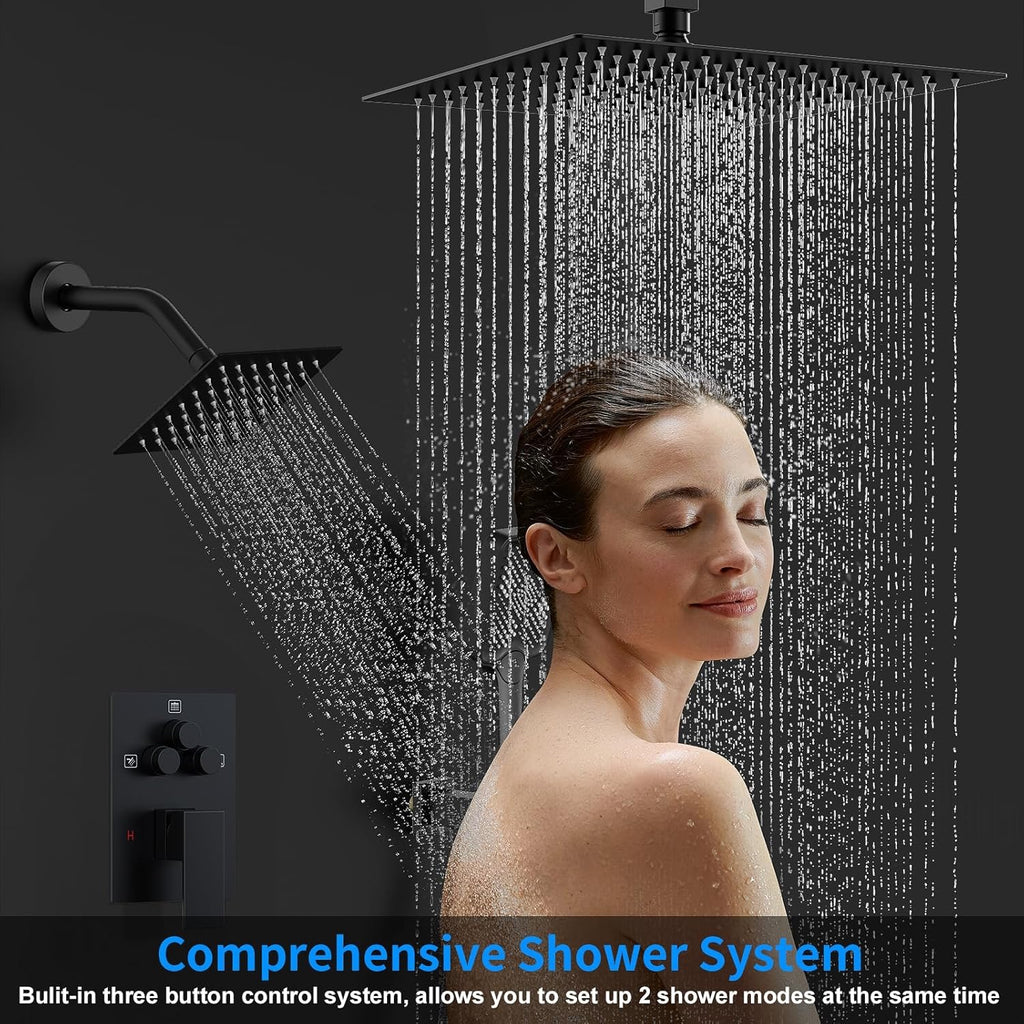 12" Ceiling Mount Rainfall Shower System Matte Black | Dual Shower Heads with Handheld & Push Button Diverter Faucet Kit