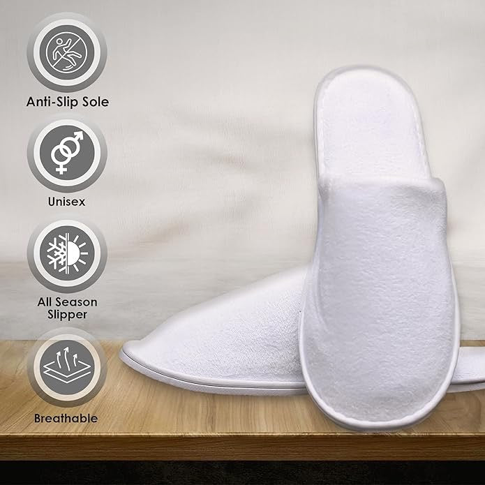 Modlux Spa Slippers (12 Pairs) | Disposable Hotel Slippers, Closed Toe, White